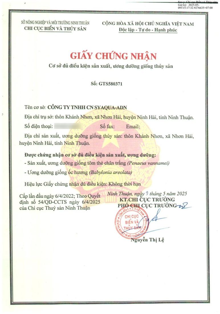 Giấy chứng nhận cơ sở đủ điều kiện sản xuất, ương dưỡng giống thủy sản của SyAqua ADN