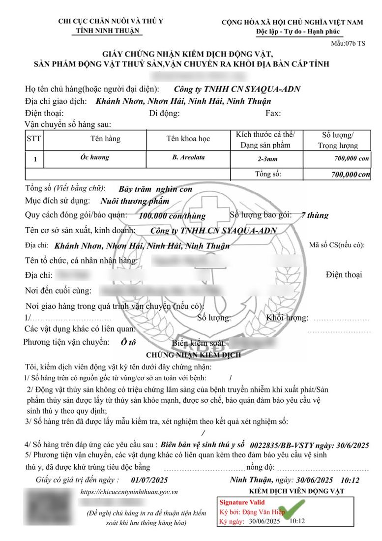 Giấy chứng nhận kiểm dịch ốc hương giống của Công ty TNHH CN SyAqua-ADN