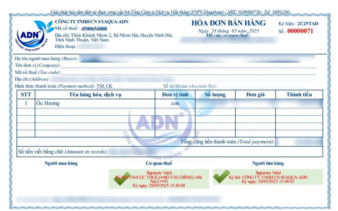 Hóa đơn bán ốc hương giống của Công ty TNHH CN SyAqua-ADN